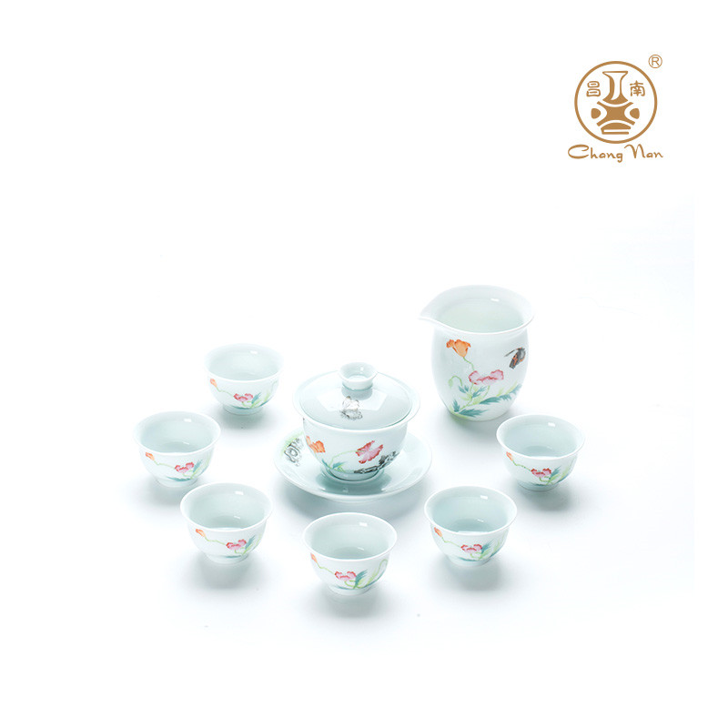 玉瓷手绘“蝶恋花”8头盖碗茶具套装
