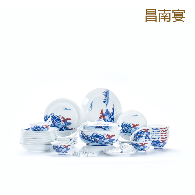 青花釉里红山水图53头餐具套装